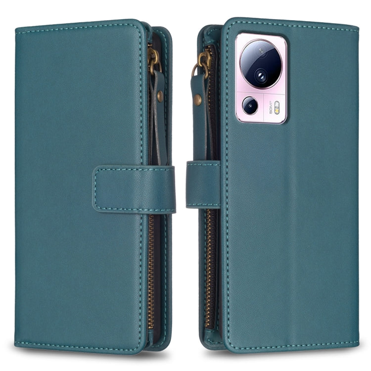 For Xiaomi 13 Lite 9 Card Slots Zipper Wallet Leather Flip Phone Case(Green) - 13 Lite Cases by buy2fix | Online Shopping UK | buy2fix