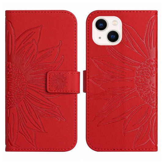For iPhone 15 Skin Feel Sun Flower Embossed Flip Leather Phone Case with Lanyard(Red) by buy2fix