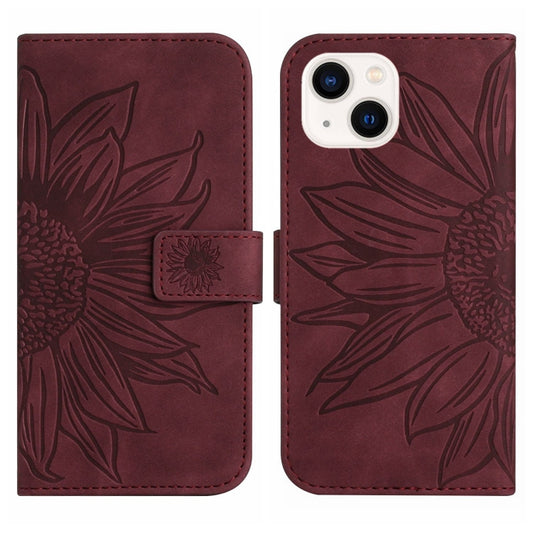 For iPhone 15 Skin Feel Sun Flower Embossed Flip Leather Phone Case with Lanyard(Wine Red) by buy2fix
