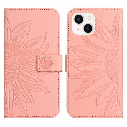 For iPhone 15 Plus Skin Feel Sun Flower Embossed Flip Leather Phone Case with Lanyard(Pink) by buy2fix