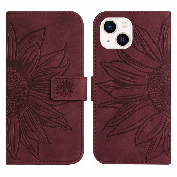 For iPhone 15 Plus Skin Feel Sun Flower Embossed Flip Leather Phone Case with Lanyard(Wine Red) - iPhone 15 Plus Cases by buy2fix | Online Shopping UK | buy2fix