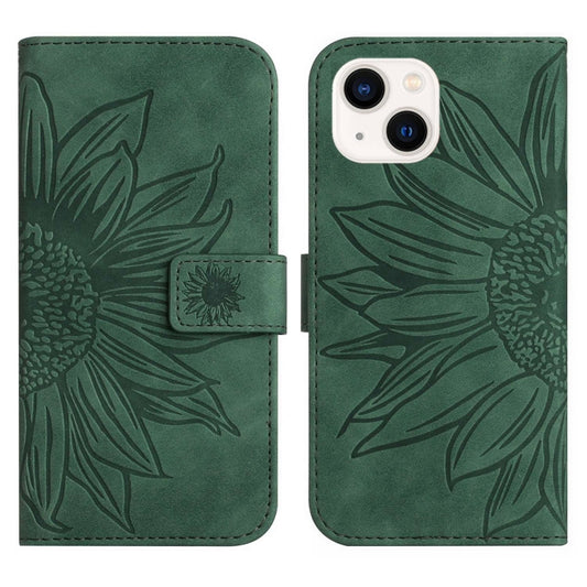 For iPhone 15 Plus Skin Feel Sun Flower Embossed Flip Leather Phone Case with Lanyard(Green) by buy2fix