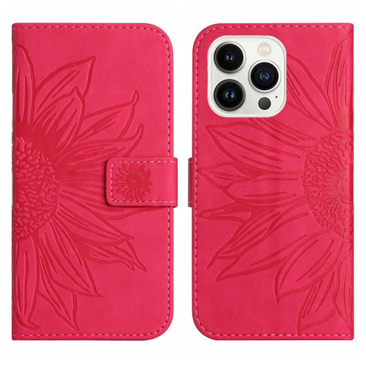 For iPhone 15 Pro Skin Feel Sun Flower Embossed Flip Leather Phone Case with Lanyard(Rose Red) by buy2fix