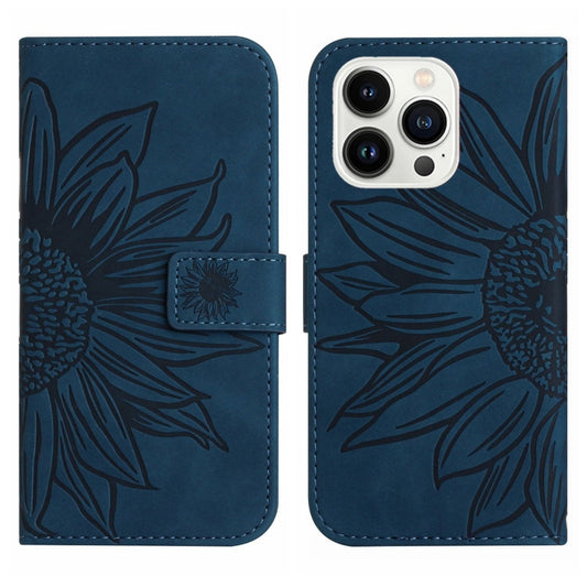 For iPhone 15 Pro Max Skin Feel Sun Flower Embossed Flip Leather Phone Case with Lanyard(Inky Blue) by buy2fix