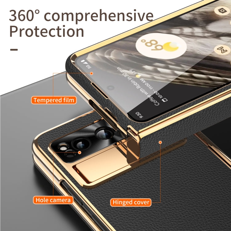 For Google Pixel Fold Litchi Pattern Electroplating Folding Phone Case with Hinge(Black) - Google Cases by buy2fix | Online Shopping UK | buy2fix