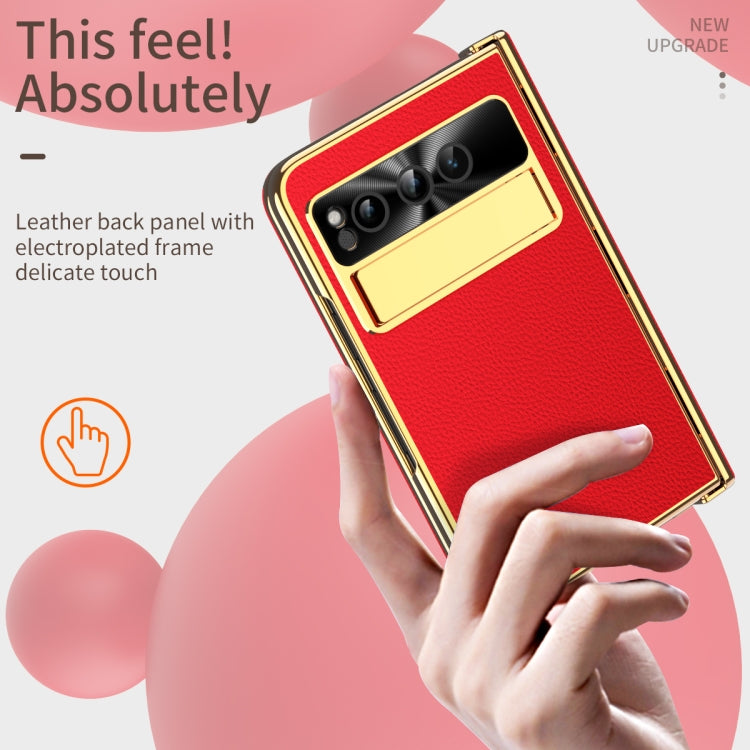 For Google Pixel Fold Litchi Pattern Electroplating Folding Phone Case with Hinge(Red) - Google Cases by buy2fix | Online Shopping UK | buy2fix