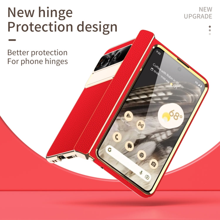 For Google Pixel Fold Litchi Pattern Electroplating Folding Phone Case with Hinge(Red) - Google Cases by buy2fix | Online Shopping UK | buy2fix