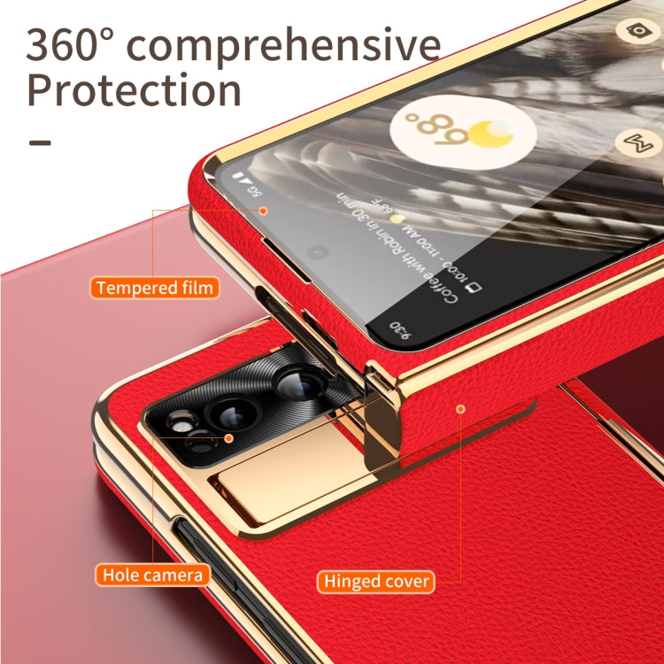 For Google Pixel Fold Litchi Pattern Electroplating Folding Phone Case with Hinge(Red) - Google Cases by buy2fix | Online Shopping UK | buy2fix