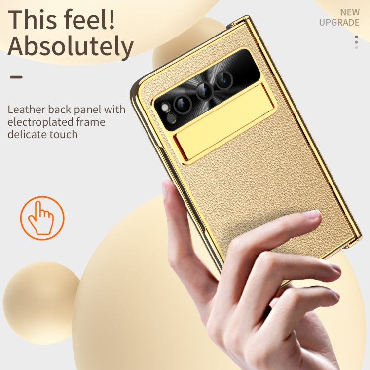 For Google Pixel Fold Litchi Pattern Electroplating Folding Phone Case with Hinge(Gold) - Google Cases by buy2fix | Online Shopping UK | buy2fix