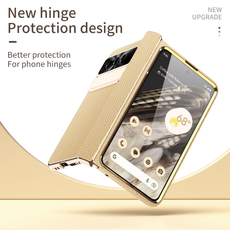 For Google Pixel Fold Litchi Pattern Electroplating Folding Phone Case with Hinge(Gold) - Google Cases by buy2fix | Online Shopping UK | buy2fix