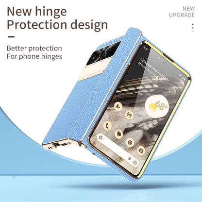 For Google Pixel Fold Litchi Pattern Electroplating Folding Phone Case with Hinge(Blue) - Google Cases by buy2fix | Online Shopping UK | buy2fix