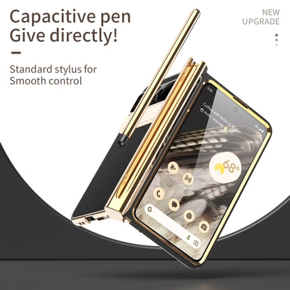 For Google Pixel Fold Litchi Pattern Electroplating Pen Slot Folding Phone Case with Stylus(Black) - Google Cases by buy2fix | Online Shopping UK | buy2fix