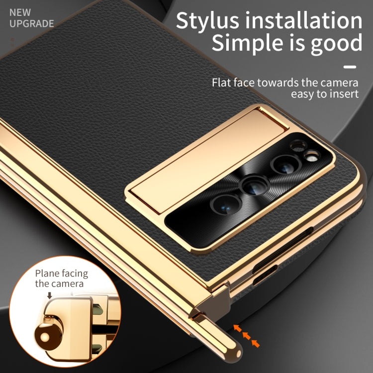 For Google Pixel Fold Litchi Pattern Electroplating Pen Slot Folding Phone Case with Stylus(Black) - Google Cases by buy2fix | Online Shopping UK | buy2fix