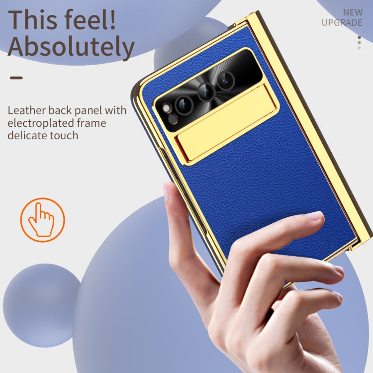 For Google Pixel Fold Litchi Pattern Electroplating Pen Slot Double Hinge Folding Phone Case with Stylus(Royal Blue) - Google Cases by buy2fix | Online Shopping UK | buy2fix