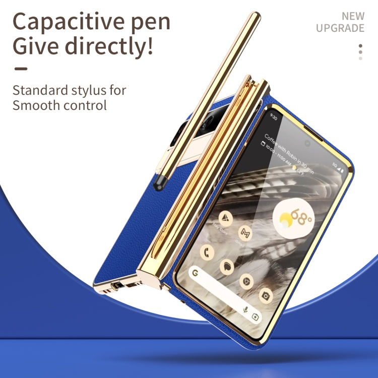 For Google Pixel Fold Litchi Pattern Electroplating Pen Slot Double Hinge Folding Phone Case with Stylus(Royal Blue) - Google Cases by buy2fix | Online Shopping UK | buy2fix