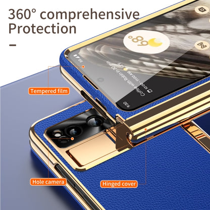 For Google Pixel Fold Litchi Pattern Electroplating Pen Slot Double Hinge Folding Phone Case with Stylus(Royal Blue) - Google Cases by buy2fix | Online Shopping UK | buy2fix