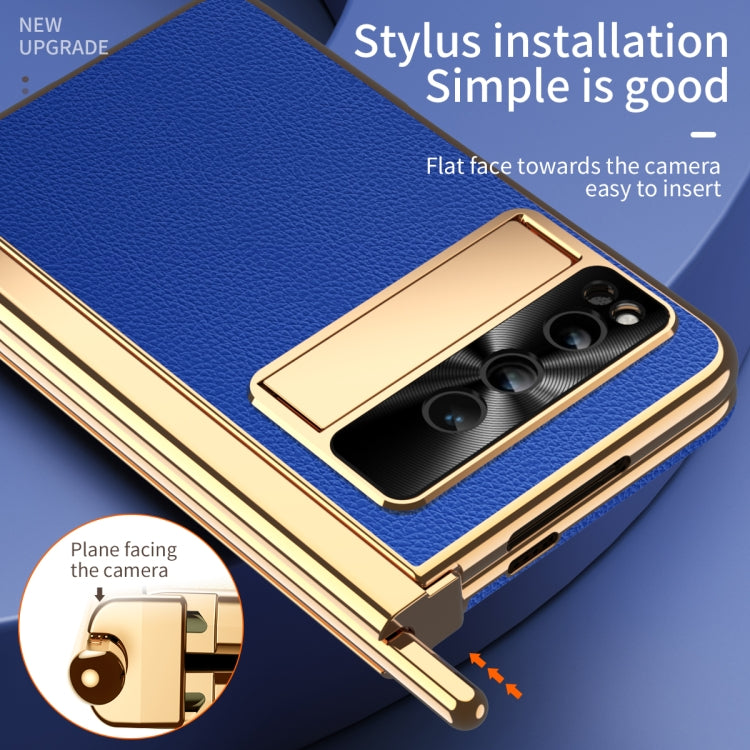 For Google Pixel Fold Litchi Pattern Electroplating Pen Slot Double Hinge Folding Phone Case with Stylus(Royal Blue) - Google Cases by buy2fix | Online Shopping UK | buy2fix