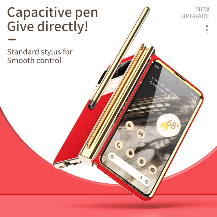 For Google Pixel Fold Litchi Pattern Electroplating Pen Slot Double Hinge Folding Phone Case with Stylus(Red) - Google Cases by buy2fix | Online Shopping UK | buy2fix