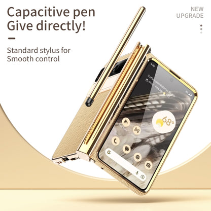 For Google Pixel Fold Litchi Pattern Electroplating Pen Slot Double Hinge Folding Phone Case with Stylus(Gold) - Google Cases by buy2fix | Online Shopping UK | buy2fix