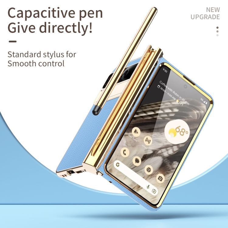 For Google Pixel Fold Litchi Pattern Electroplating Pen Slot Double Hinge Folding Phone Case with Stylus(Blue) - Google Cases by buy2fix | Online Shopping UK | buy2fix