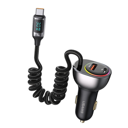 USAMS US-CC192 C37 60W Type-C+USB Dual Port Car Charger with Digital Display 30W Type-C Spring Data Cable(Tarnish) - Car Charger by USAMS | Online Shopping UK | buy2fix