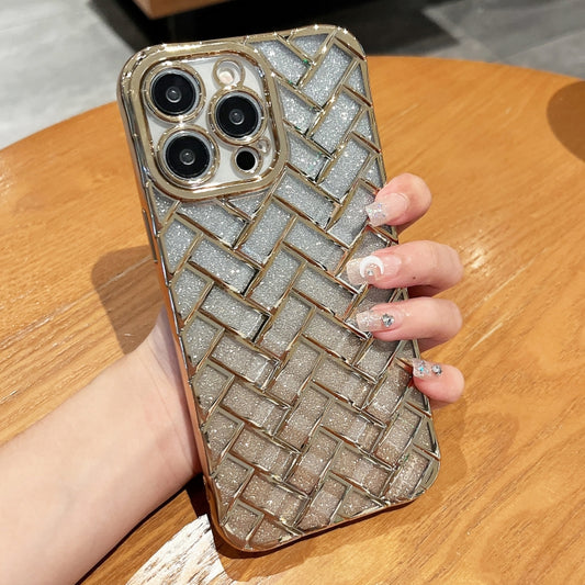 For iPhone 13 Pro Max Woven Grid 3D Electroplating Laser Engraving Glitter Paper Phone Case(Gold) - iPhone 13 Pro Max Cases by buy2fix | Online Shopping UK | buy2fix