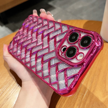 For iPhone 14 Pro Max Woven Grid 3D Electroplating Laser Engraving Glitter Paper Phone Case(Rose Gold) - iPhone 14 Pro Max Cases by buy2fix | Online Shopping UK | buy2fix