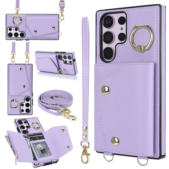 For Samsung Galaxy S23 Ultra 5G Zipper Card Bag Phone Case with Dual Lanyard(Purple)