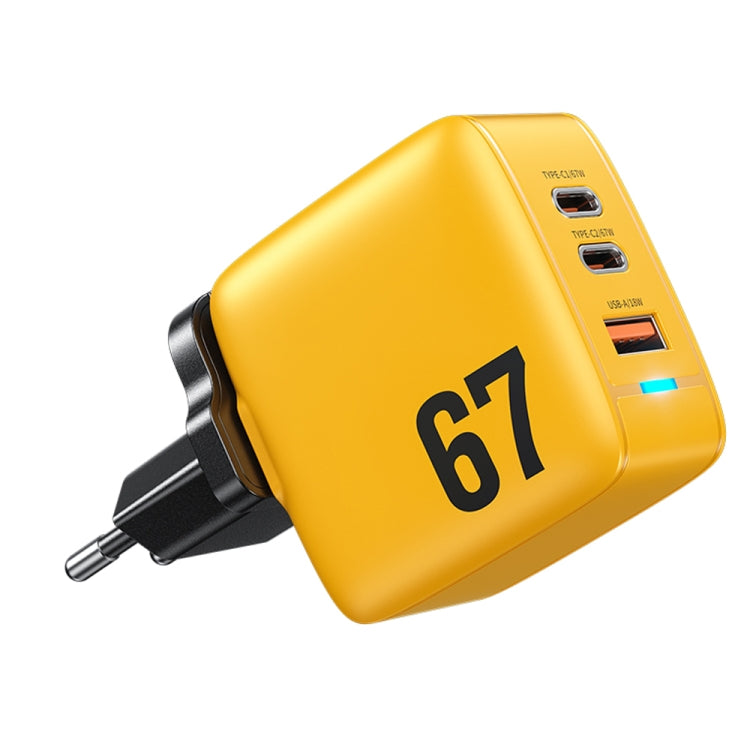 WK WP-U141 67W USB+Double USB-C / Type-C GaN Charger, Plug:EU Plug(Yellow) - USB Charger by WK | Online Shopping UK | buy2fix