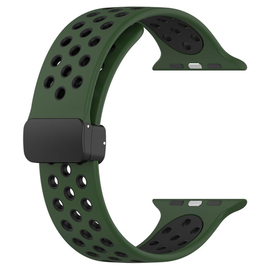 For Apple Watch Series 9 41mm Magnetic Buckle Silicone Watch Band(Army Green Black) by buy2fix