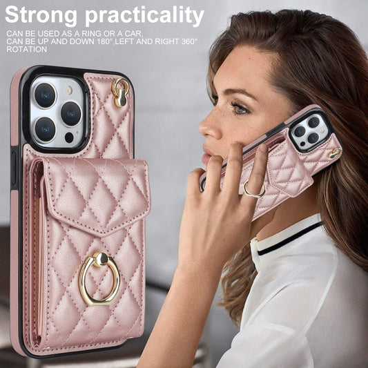 For iPhone 14 Pro Max Rhombic Texture Card Bag Phone Case with Long Lanyard(Rose Gold) by buy2fix