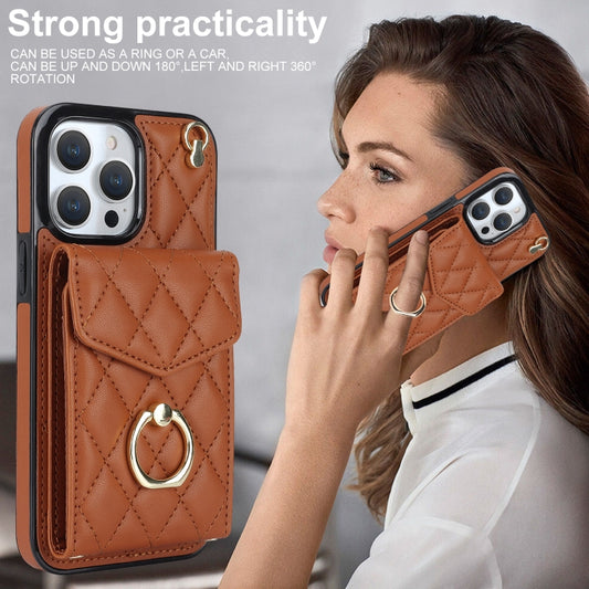 For iPhone 14 Pro Max Rhombic Texture Card Bag Phone Case with Long Lanyard(Brown) by buy2fix