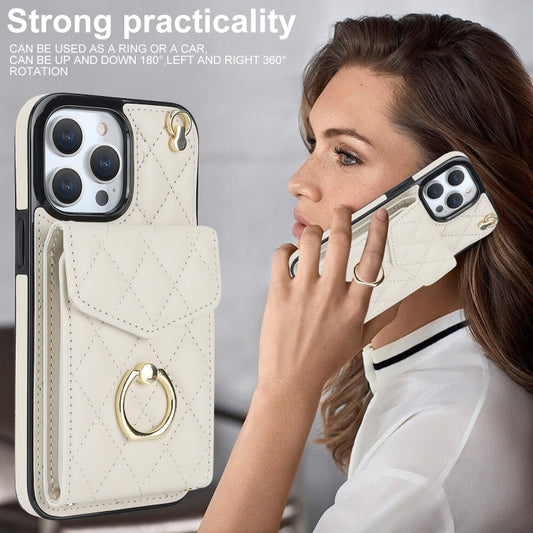For iPhone 13 Pro Max Rhombic Texture Card Bag Phone Case with Long Lanyard(White) by buy2fix