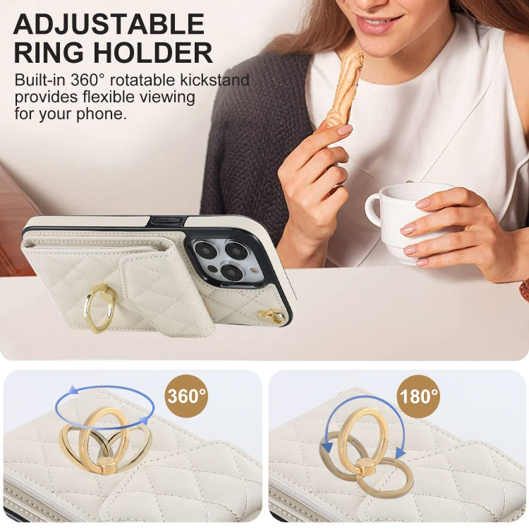 For iPhone 12 Pro Max Rhombic Texture Card Bag Phone Case with Long Lanyard(White) by buy2fix