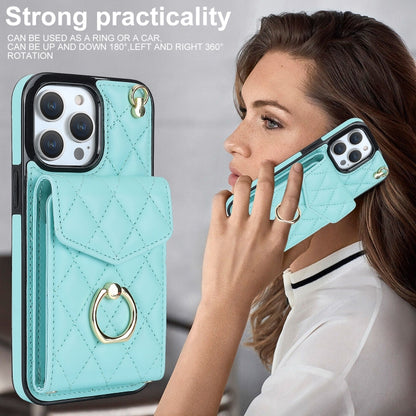 For iPhone 12 Pro Max Rhombic Texture Card Bag Phone Case with Long Lanyard(Mint Green) by buy2fix