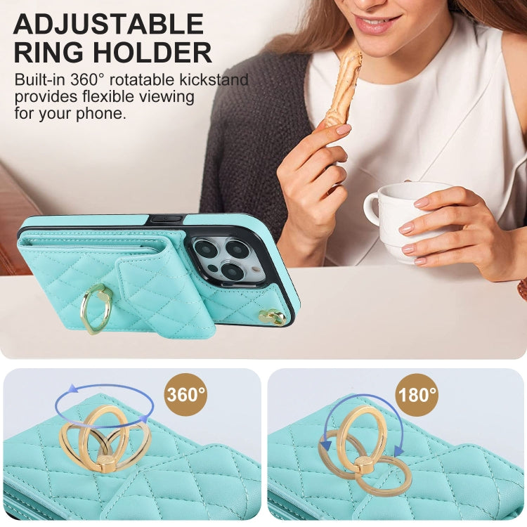 For iPhone 12 Pro Max Rhombic Texture Card Bag Phone Case with Long Lanyard(Mint Green) by buy2fix