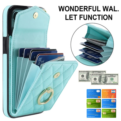 For iPhone 12 Pro Max Rhombic Texture Card Bag Phone Case with Long Lanyard(Mint Green) by buy2fix