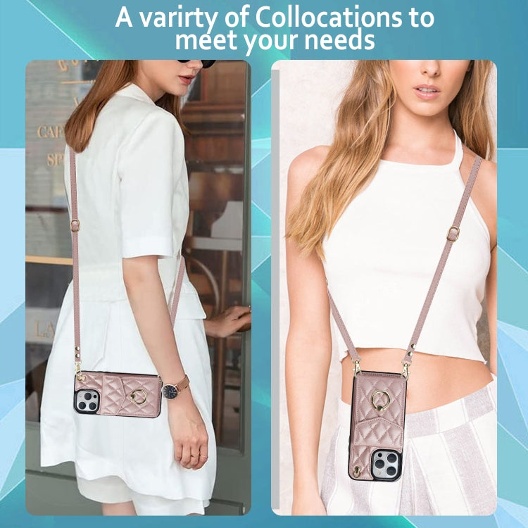 For iPhone 12 Pro Max Rhombic Texture Card Bag Phone Case with Long Lanyard(Rose Gold) by buy2fix