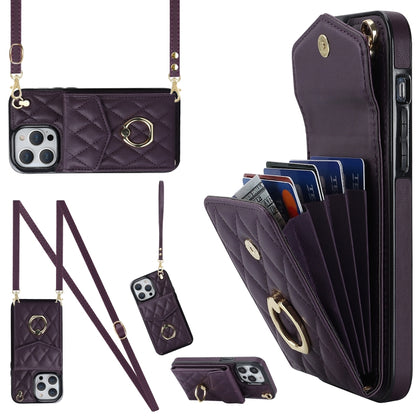 For iPhone 12 Pro Max Rhombic Texture Card Bag Phone Case with Long Lanyard(Dark Purple) by buy2fix