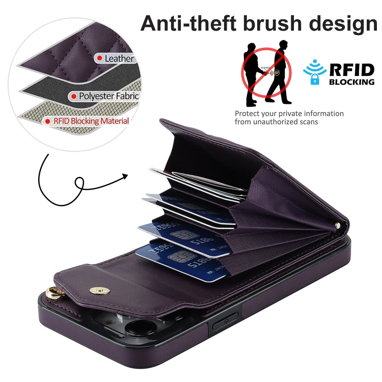 For iPhone 12 Pro Max Rhombic Texture Card Bag Phone Case with Long Lanyard(Dark Purple) by buy2fix