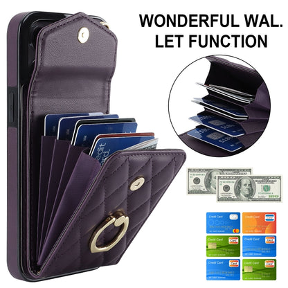For iPhone 12 Pro Max Rhombic Texture Card Bag Phone Case with Long Lanyard(Dark Purple) by buy2fix