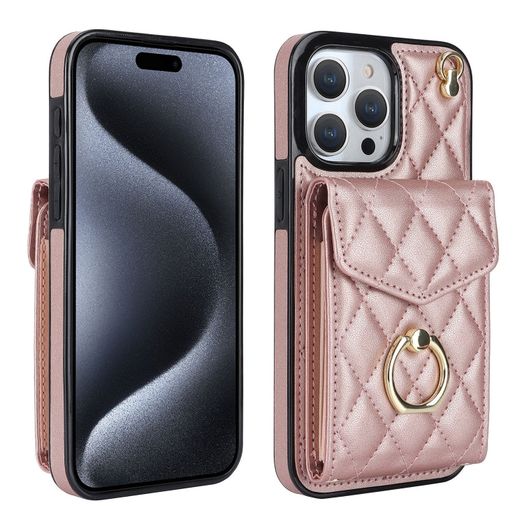 For iPhone 15 Pro Max Rhombic Texture Card Bag Phone Case with Long Lanyard(Rose Gold) - iPhone 15 Pro Max Cases by buy2fix | Online Shopping UK | buy2fix