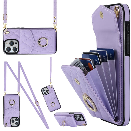 For iPhone 15 Pro Max Rhombic Texture Card Bag Phone Case with Long Lanyard(Light Purple) by buy2fix