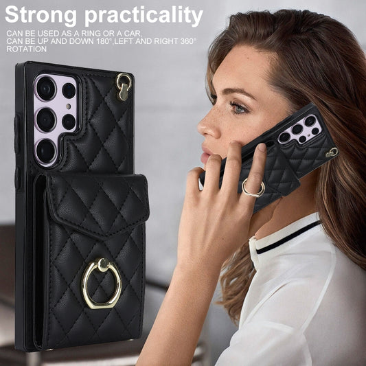 For Samsung Galaxy S23 Ultra 5G Rhombic Texture Card Bag Phone Case with Long Lanyard(Black) by buy2fix
