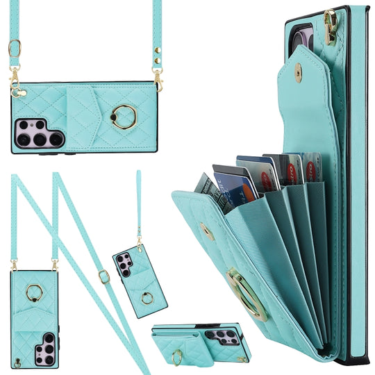 For Samsung Galaxy S23 Ultra 5G Rhombic Texture Card Bag Phone Case with Long Lanyard(Mint Green)