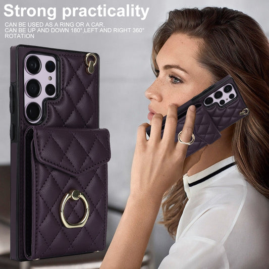 For Samsung Galaxy S23 Ultra 5G Rhombic Texture Card Bag Phone Case with Long Lanyard(Dark Purple) by buy2fix