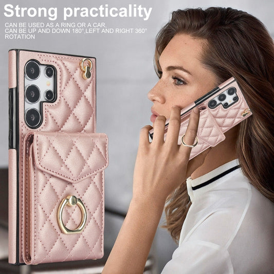 For Samsung Galaxy S24 Ultra 5G Rhombic Texture Card Bag Phone Case with Long Lanyard(Rose Gold) by buy2fix