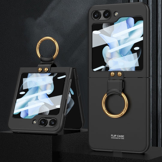 For Samsung Galaxy Z Flip5 GKK Ultra-thin PC Full Coverage Phone Case with Ring Holder / Tempered Film(Black)