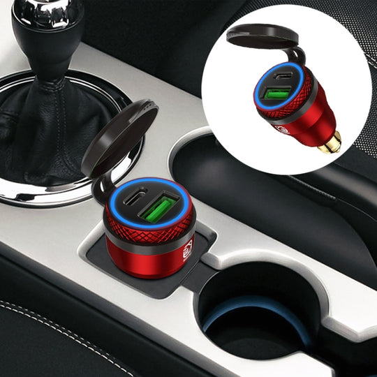 Chargeur USB à charge rapide QC 3.0 + PD en alliage d'aluminium de petit calibre de style européen pour moto, couleur de la coque: rouge (lumière bleue)