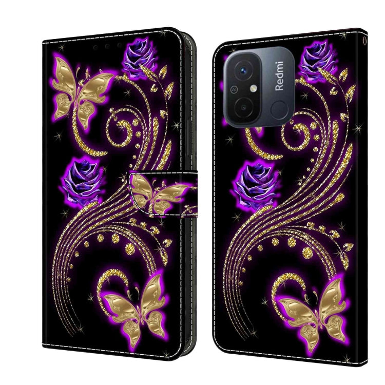 For Xiaomi Redmi 11A 4G / Redmi 12C Global Crystal 3D Shockproof Protective Leather Phone Case(Purple Flower Butterfly) - Xiaomi Cases by buy2fix | Online Shopping UK | buy2fix